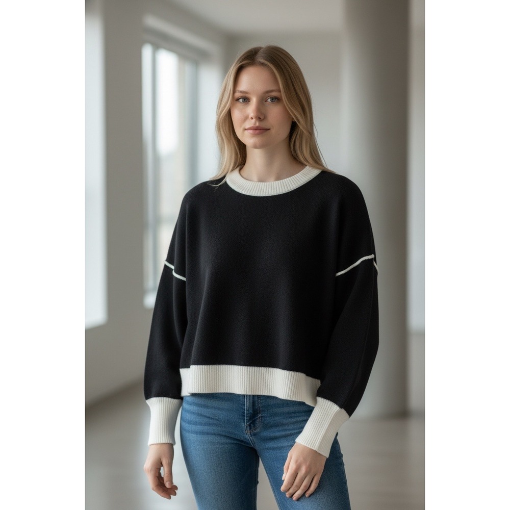 MEROKEETY Women Black Knit Crew Neck Long Sleeve Cropped Sweater Size L